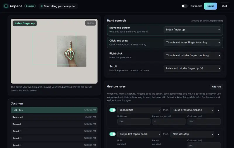 Airpane Desktop settings: live camera view with the hand tracked, hand controls and gesture rules